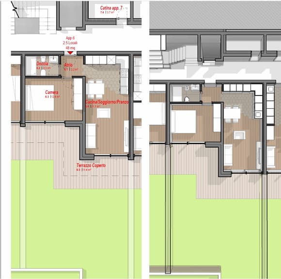 Grundriss mit Terrasse und Wohnbereichen