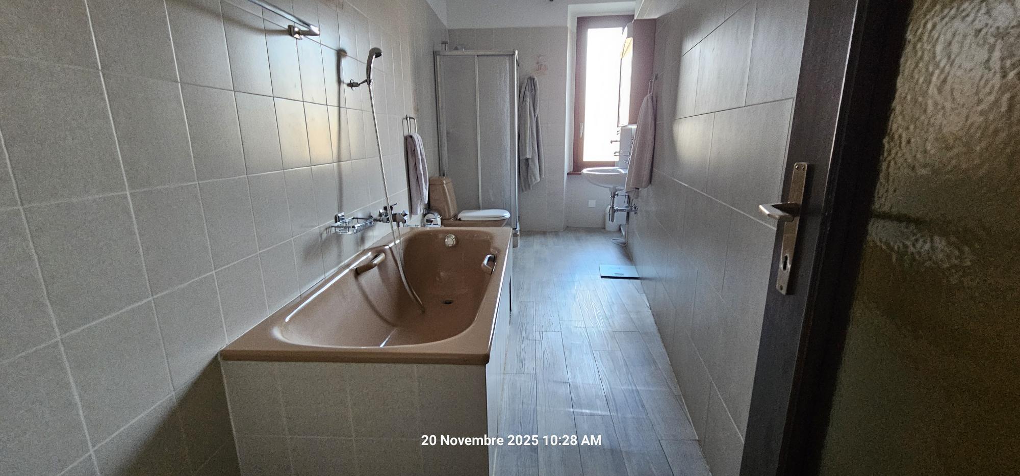Langes Badezimmer mit Wanne und Fenster
