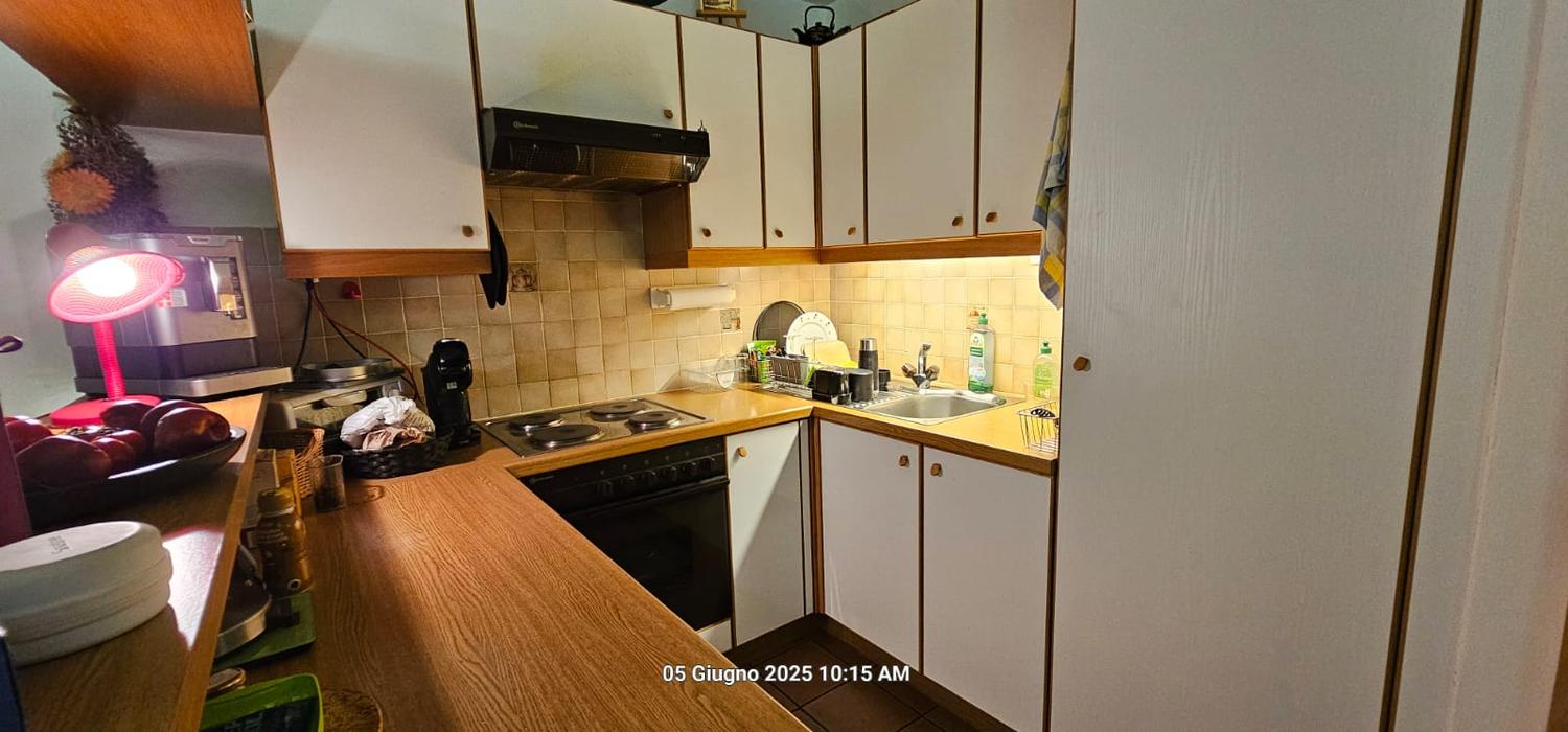 Kleine Einbauküche mit Holzoptik und weißen Fronten