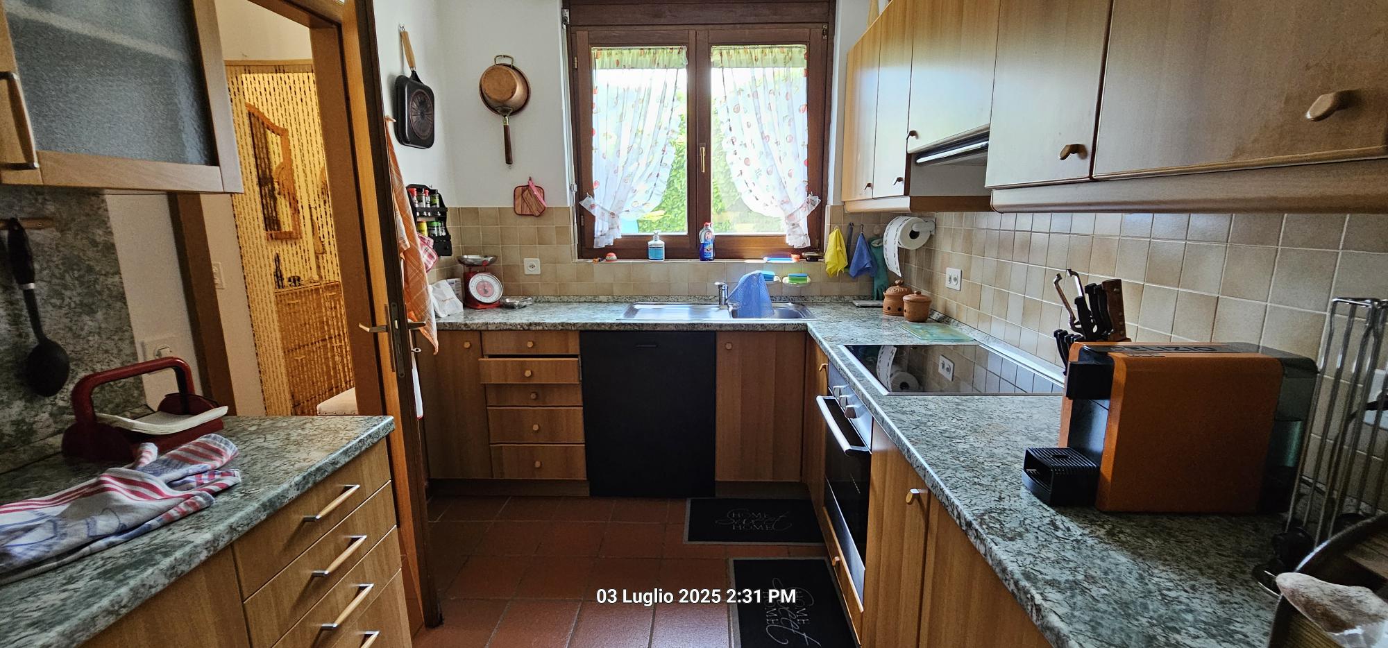 Küche mit Holzfronten und grünem Fensterblick