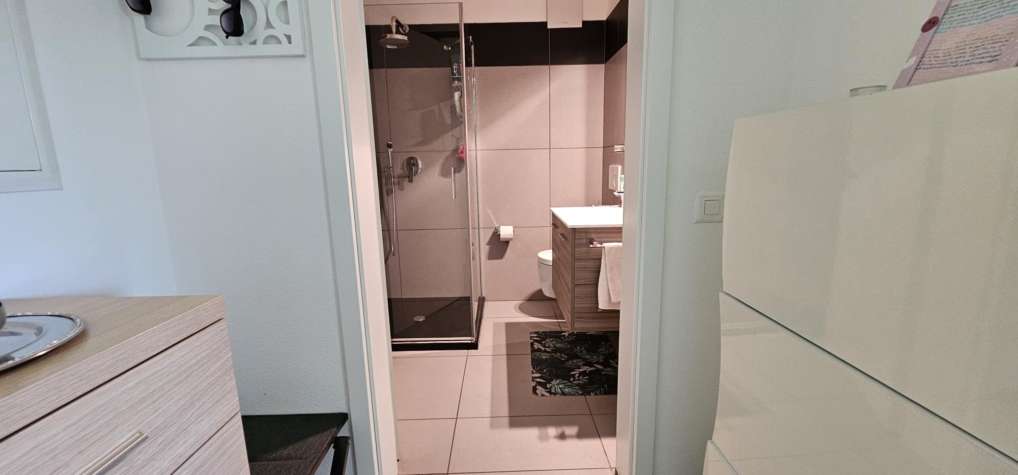 Badezimmer mit Dusche und Waschtisch