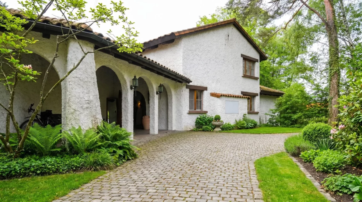 Mediterranes Wohnhaus mit begrüntem Gartenweg