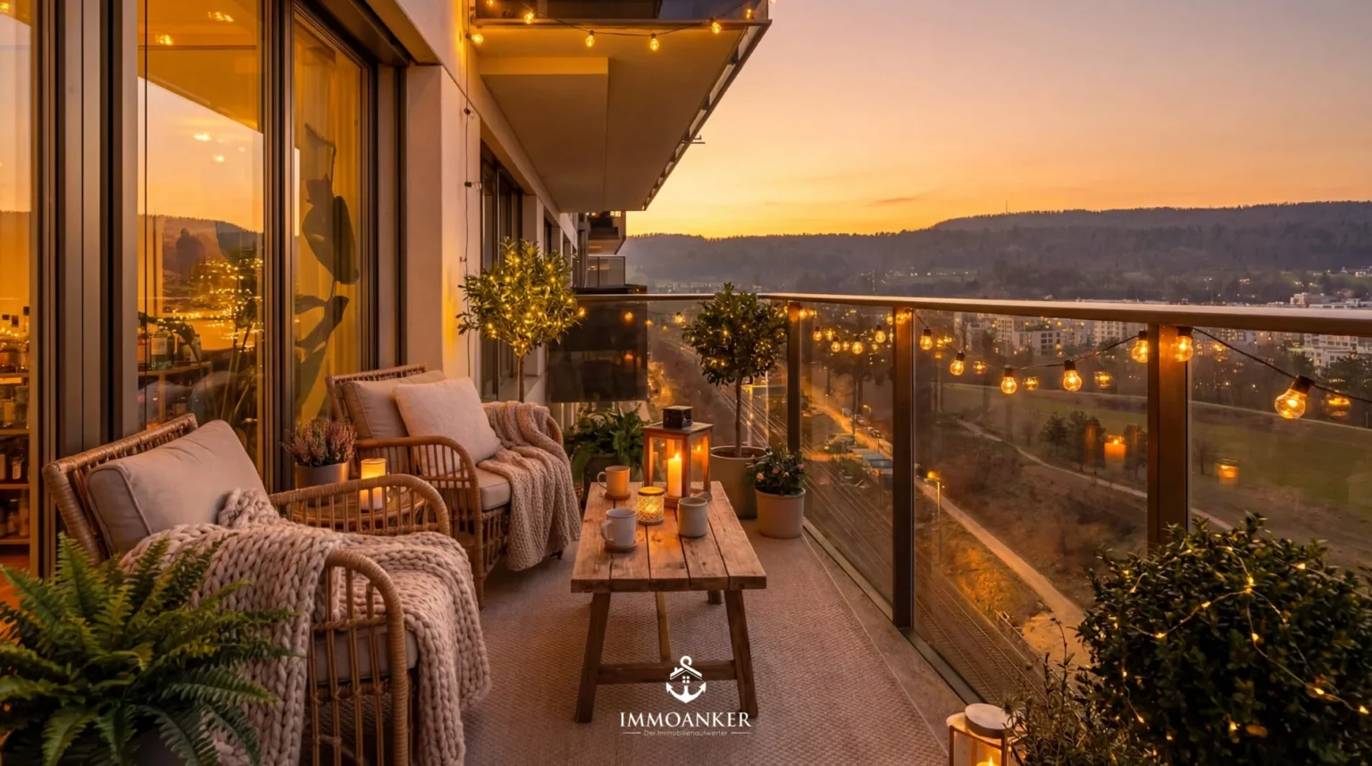 Gemütlicher Balkon bei Sonnenuntergang