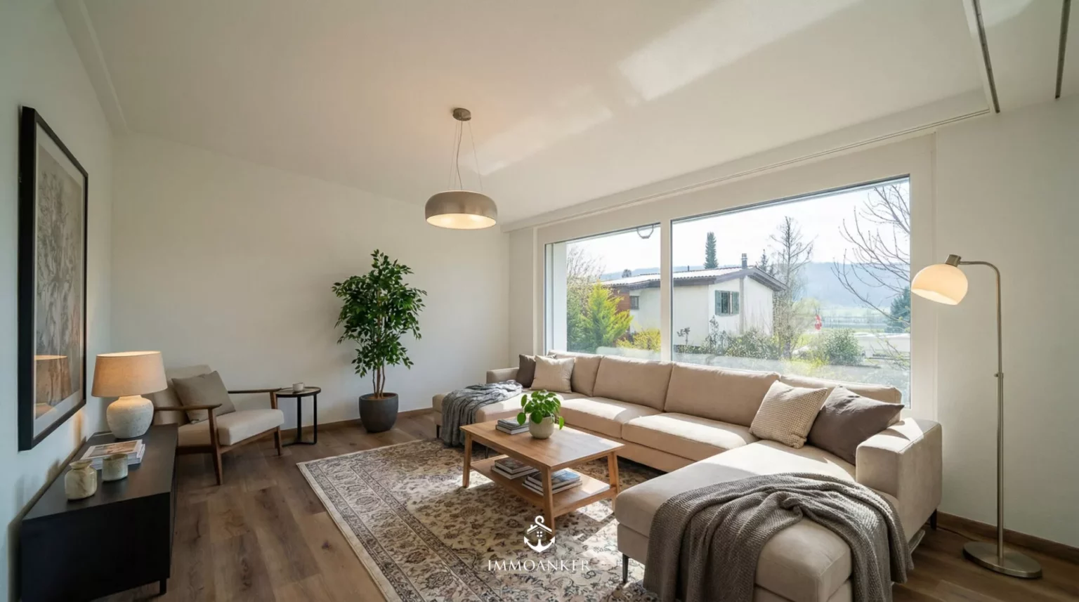 Helles Wohnzimmer mit großer Fensterfront
