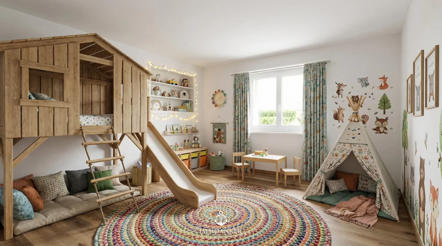 Verspieltes Kinderzimmer mit Holz-Spielbett und Tipi