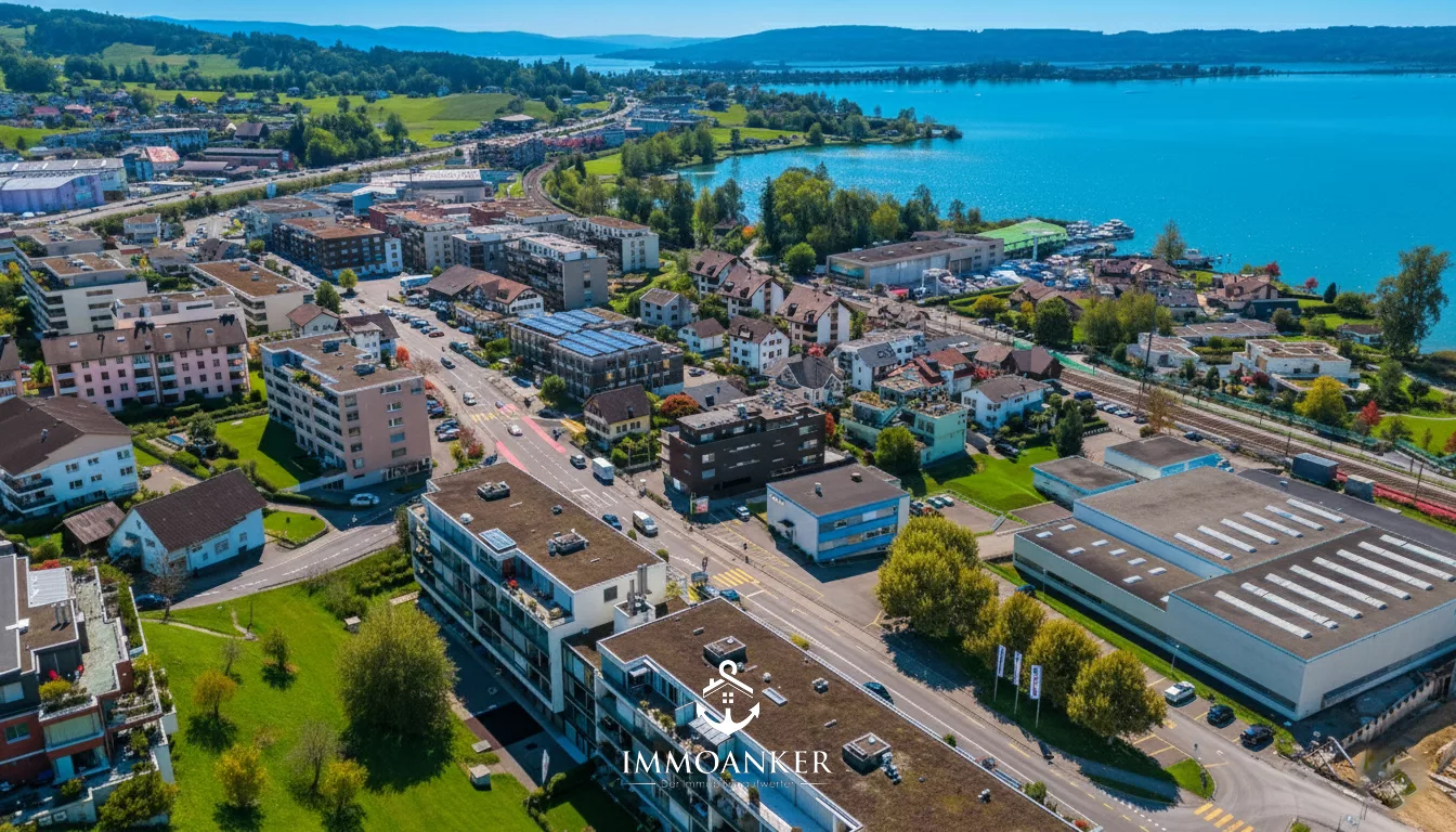 Luftaufnahme einer Stadt am See