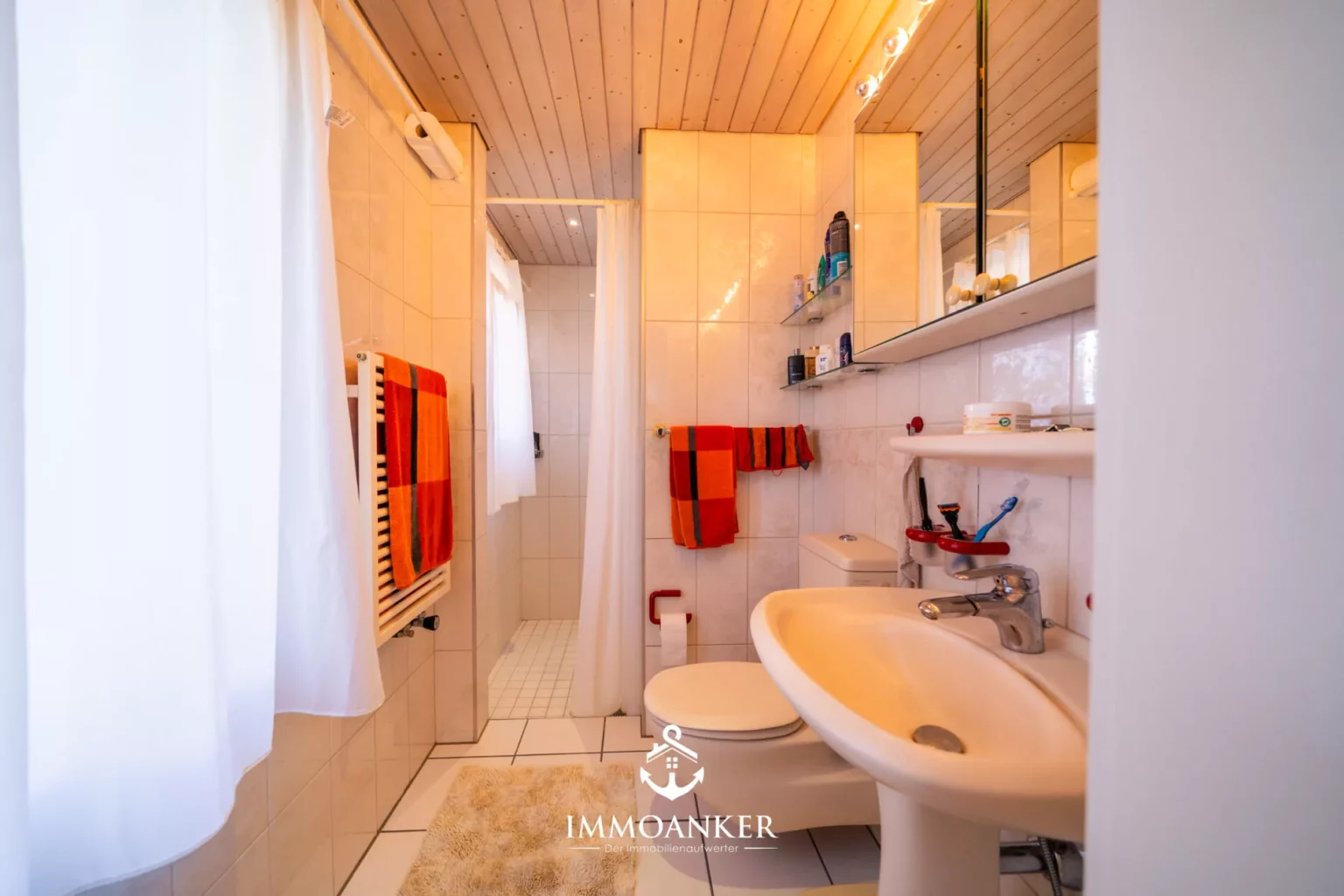 Kleines Badezimmer mit Dusche und Waschtisch