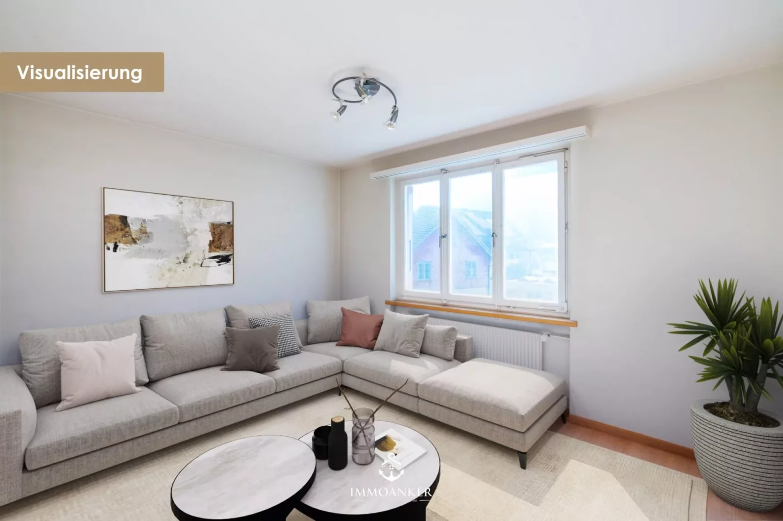 Modernes, helles Wohnzimmer mit Ecksofa