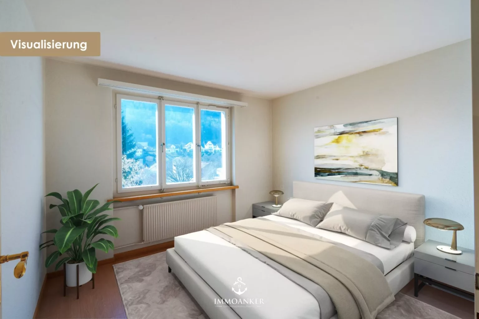 Helles Schlafzimmer mit Fenster und Bett