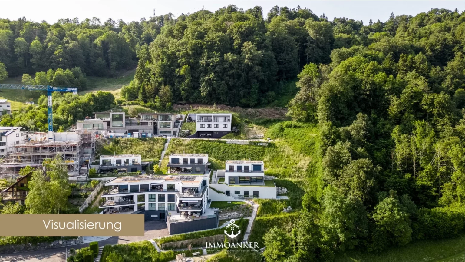 Visualisierung einer terrassierten Wohnanlage am Hang