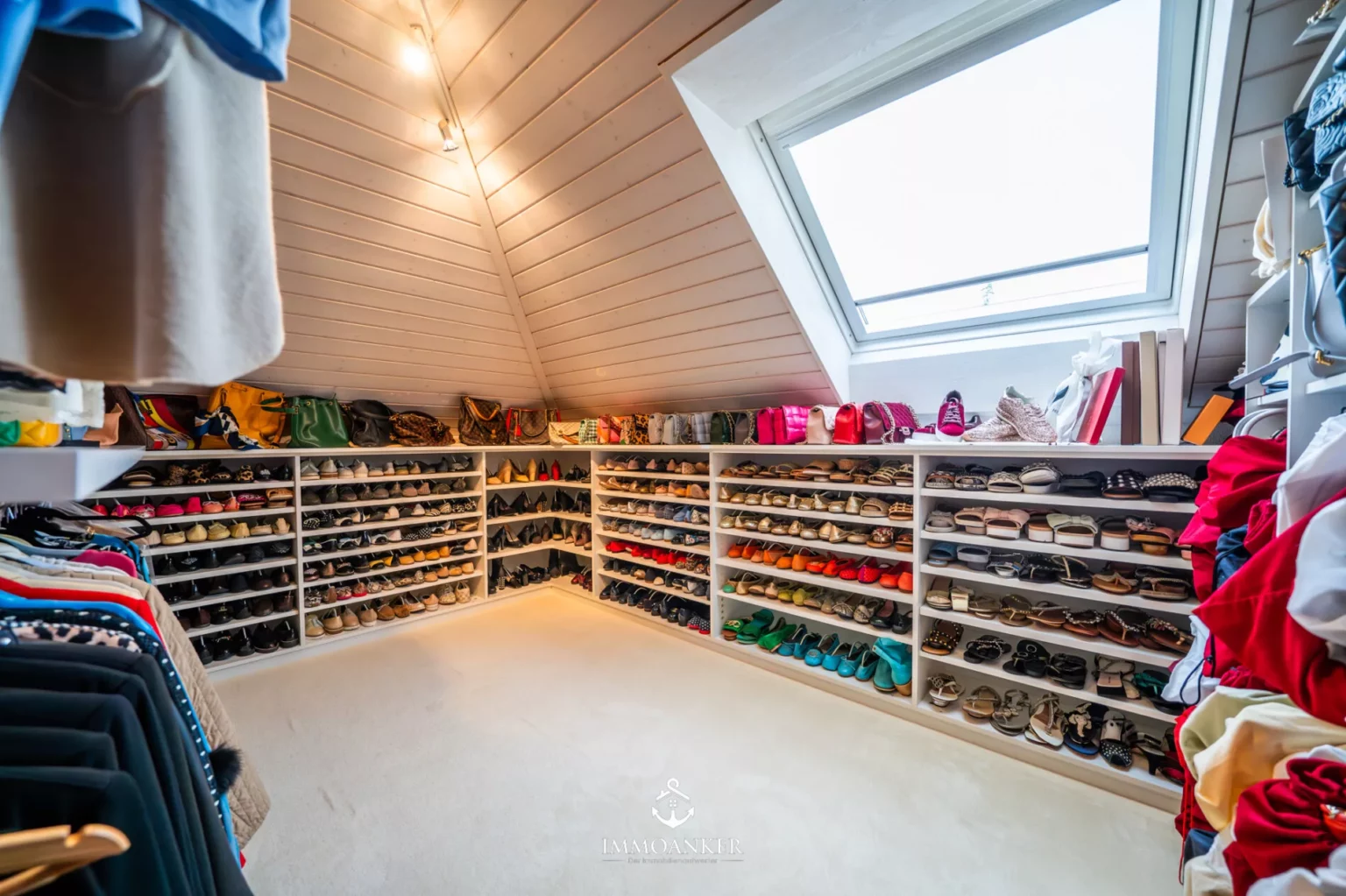Ankleidezimmer mit Dachschräge und Schuhregalen