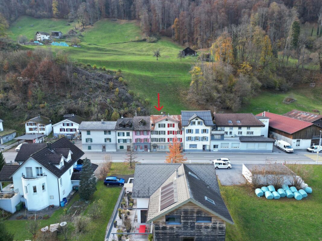 Luftaufnahme eines ländlich gelegenen Häuserensembles mit einer markierten Fassade