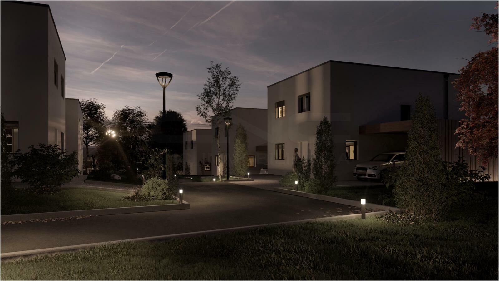 Moderne Wohnsiedlung bei Dämmerung