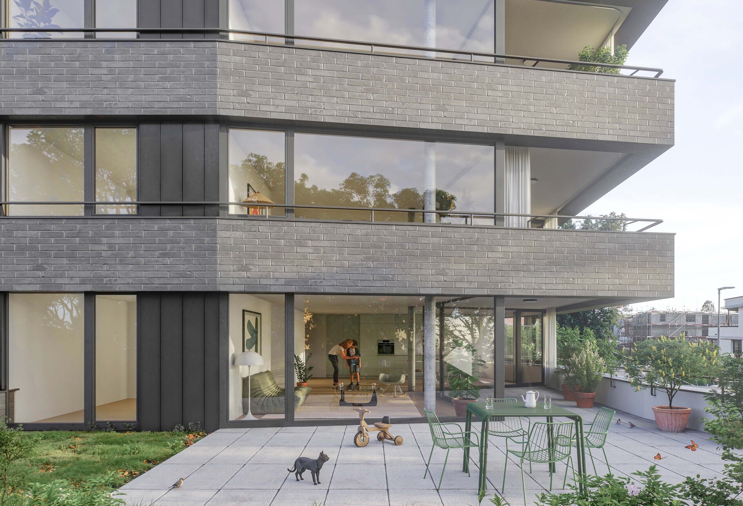 Moderne Balkonansicht eines Mehrfamilienhauses