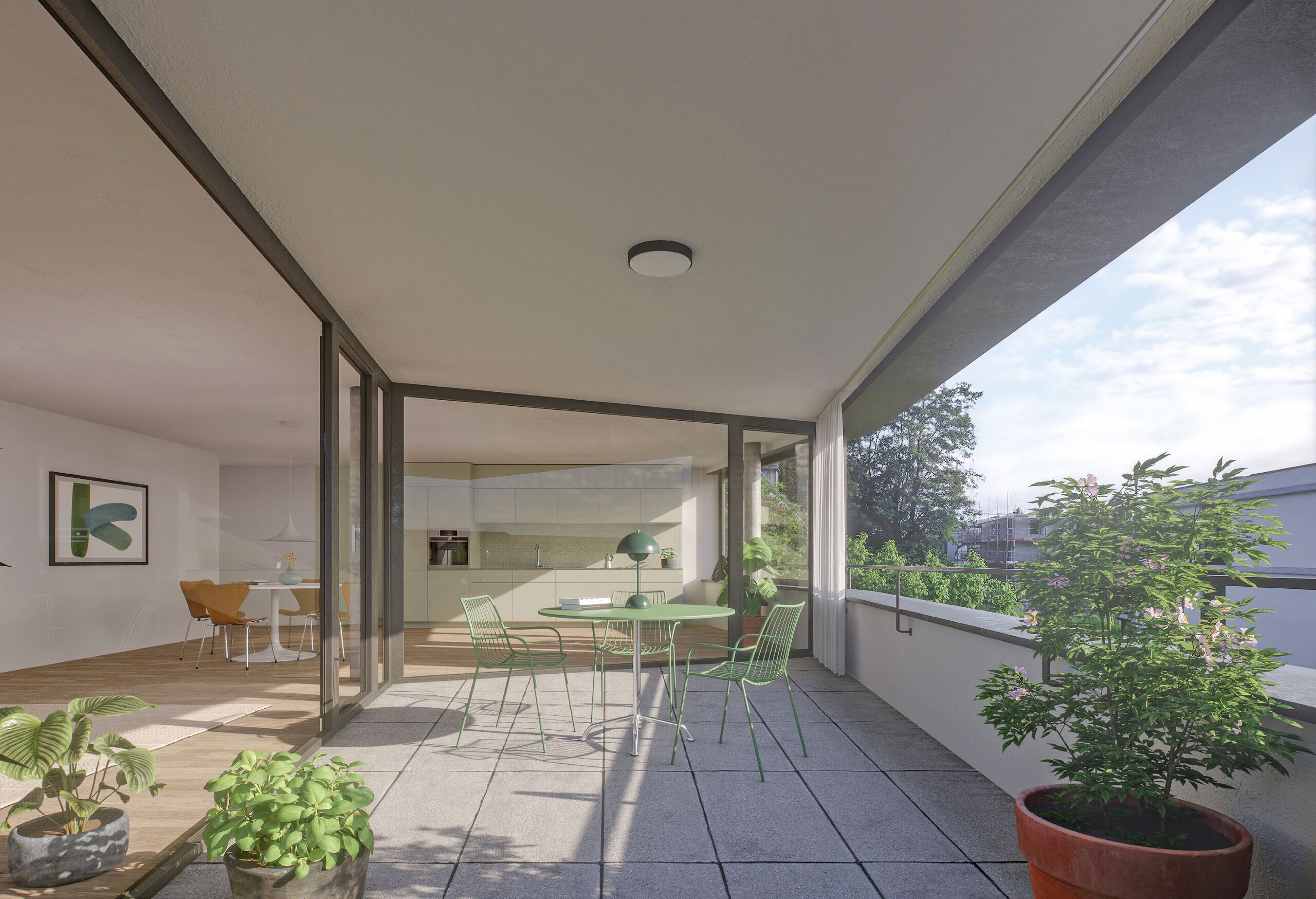 Große überdachte Terrasse mit Blick ins Grüne