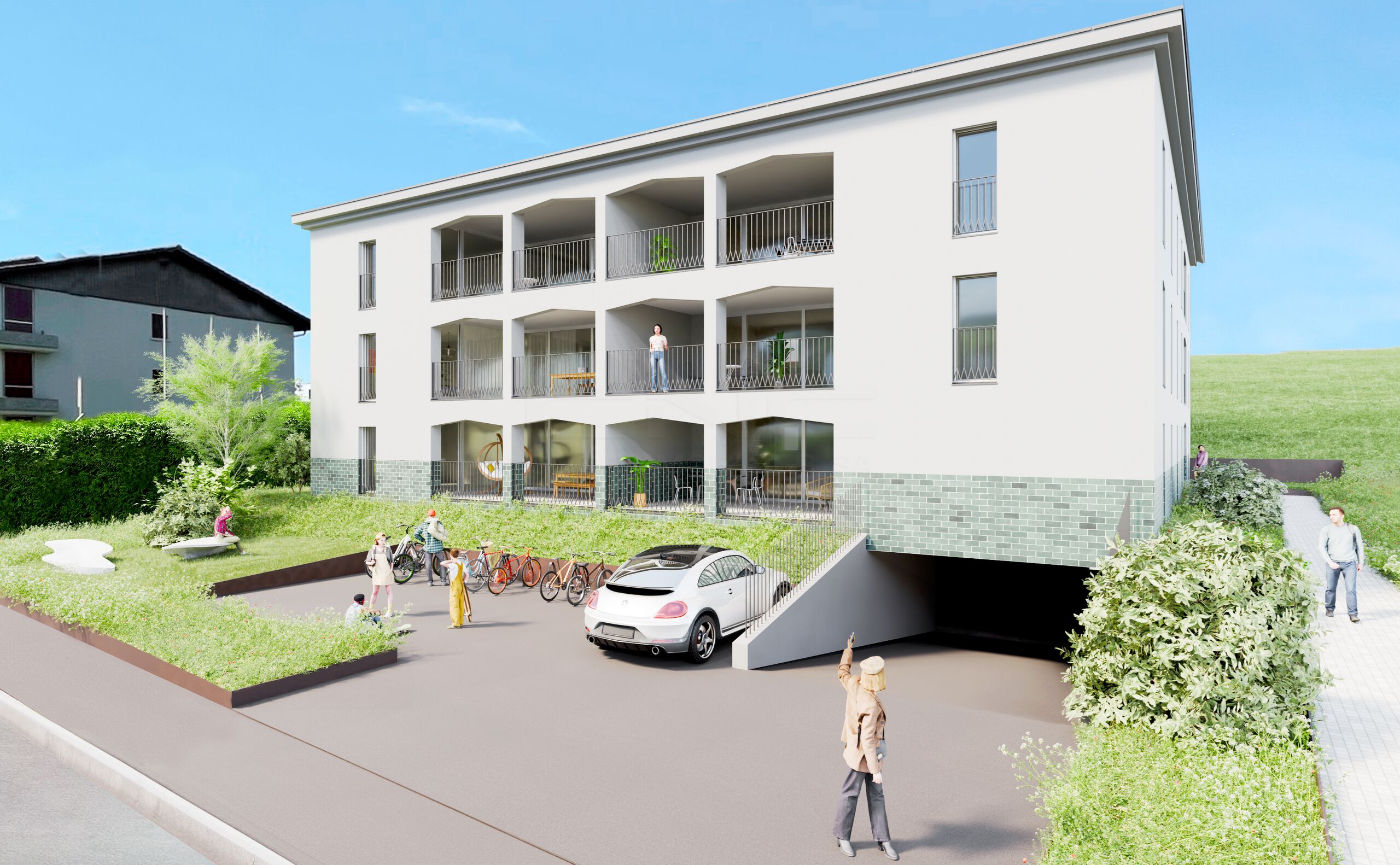 Moderner Wohnungsbau mit Tiefgarage und begrüntem Umfeld