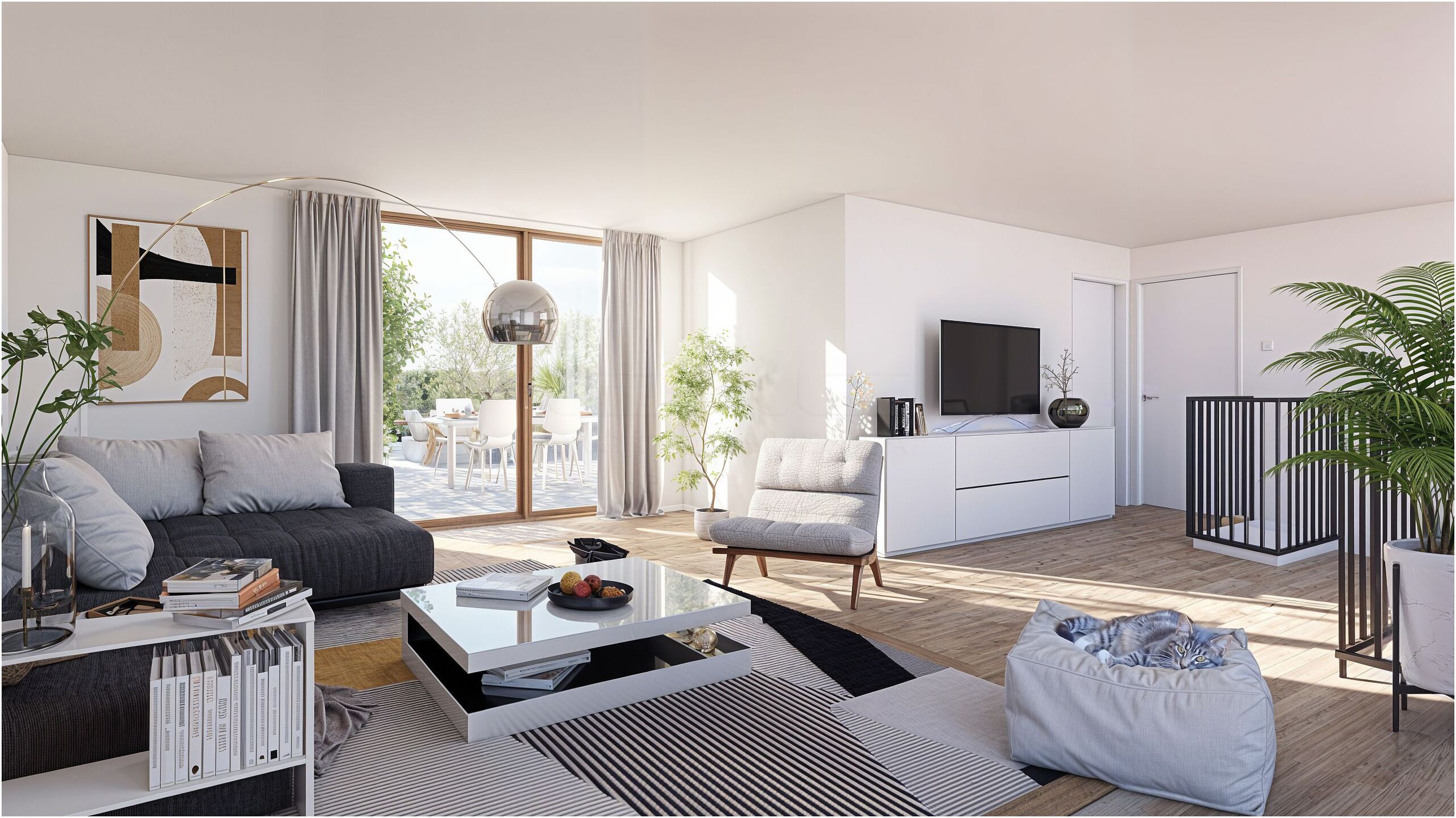 Helles modernes Wohnzimmer mit Gartenblick