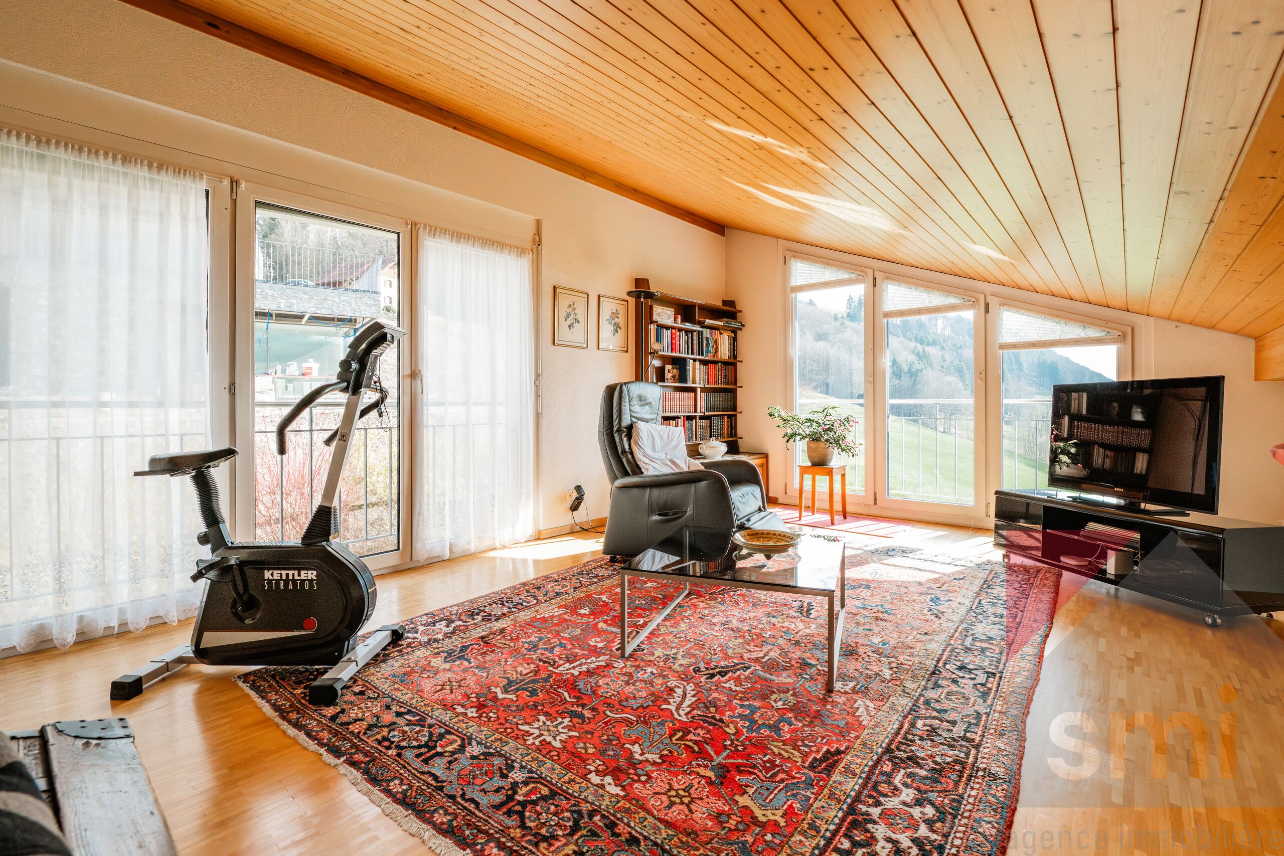Heller Wohnraum mit Dachschräge und Ausblick