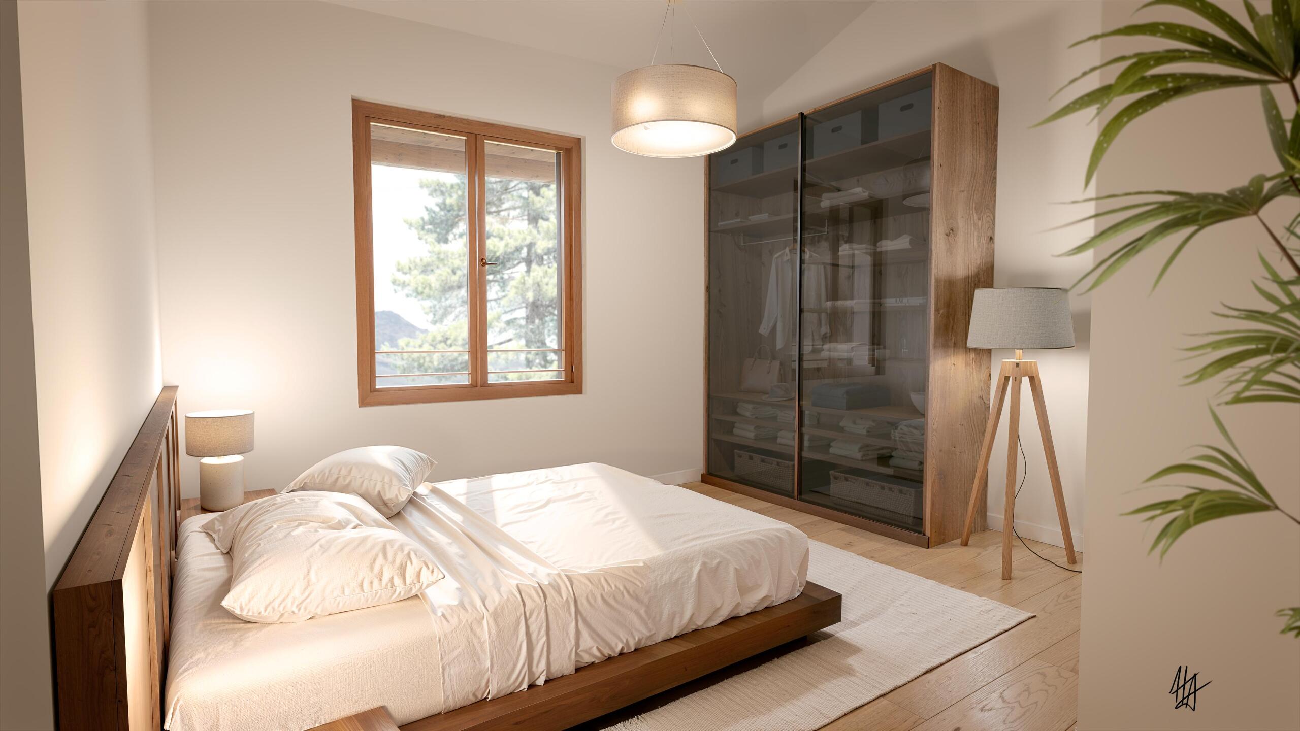Helles Schlafzimmer mit Holz- und Naturtönen