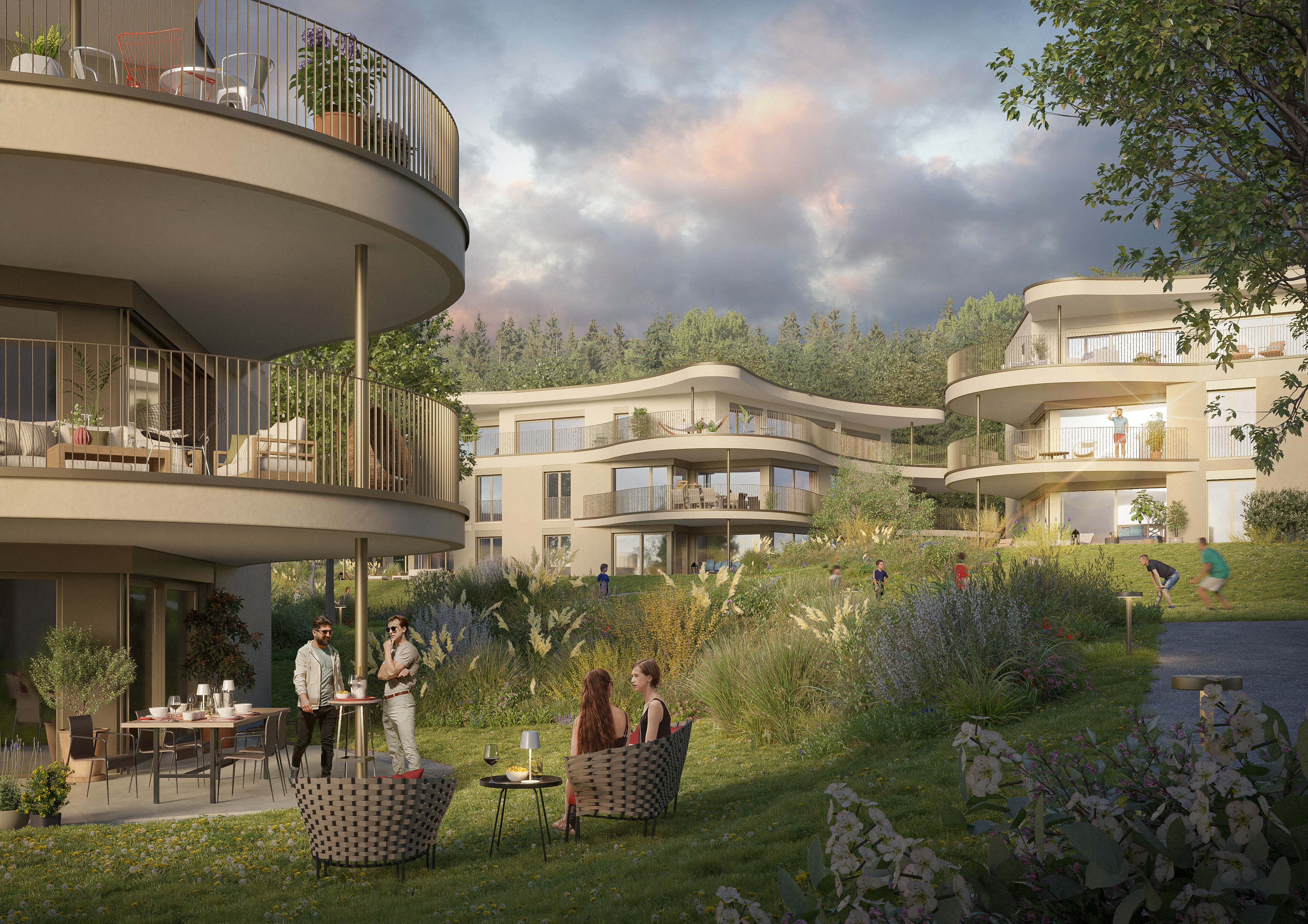 Moderne Wohnanlage mit geschwungenen Balkonen und Garten