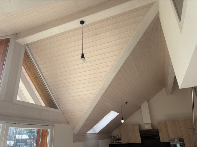 Küche mit Holzdecke und Dachfenstern