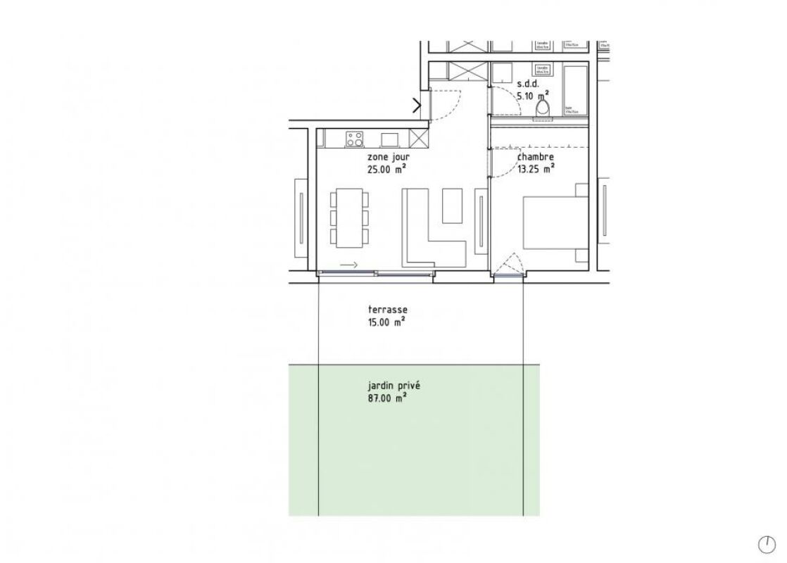 Wohnungsgrundriss mit Terrasse und Privatgarten