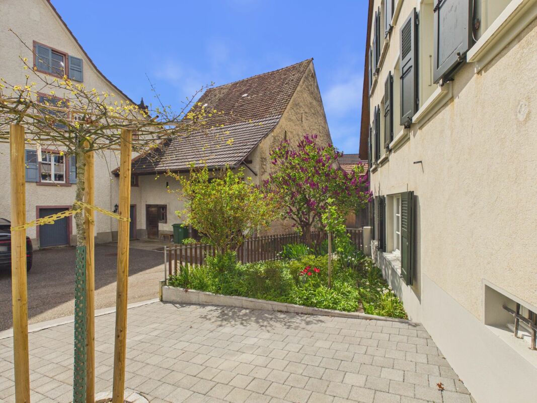 Innenhof mit Garten und Fassadenansicht
