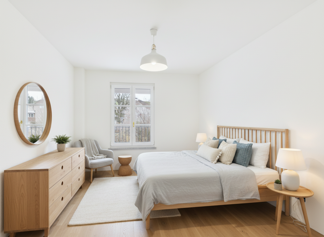 Helles, minimalistisch eingerichtetes Schlafzimmer