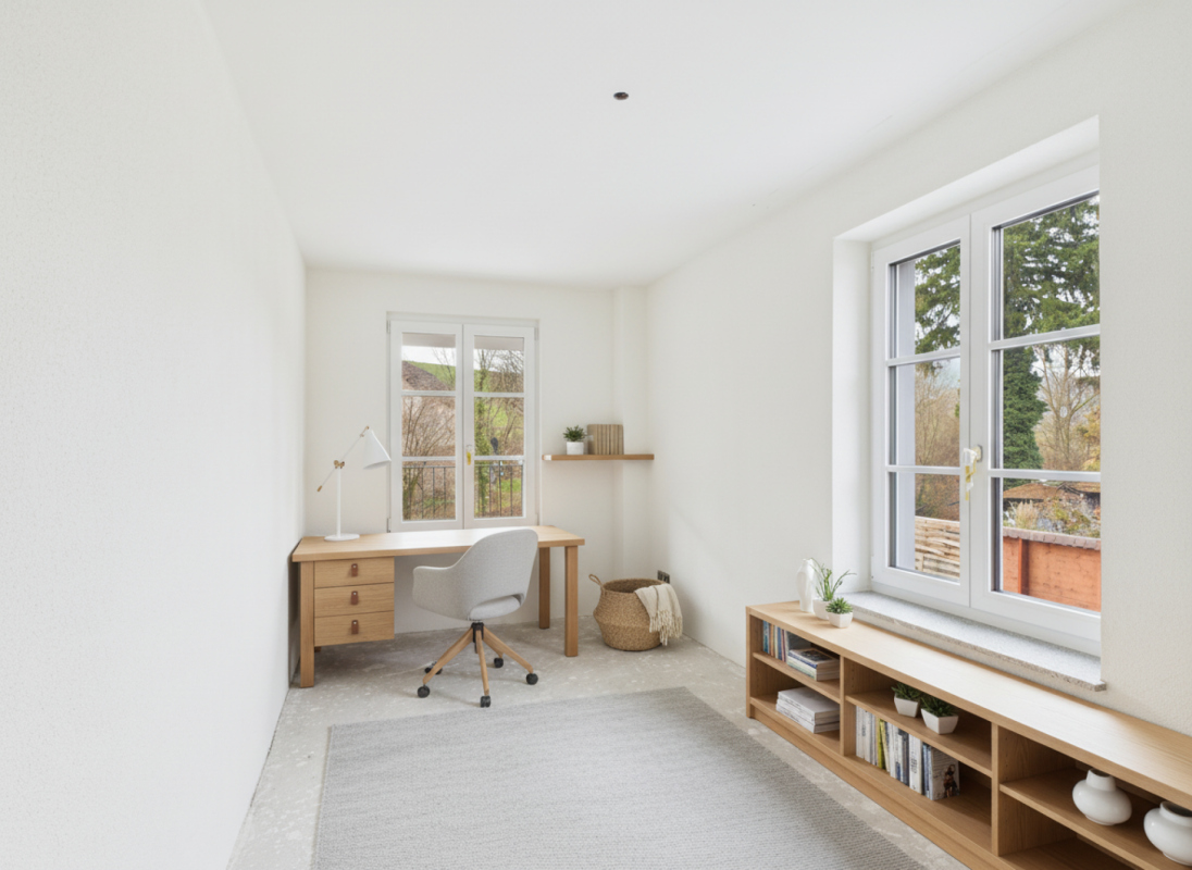 Helles Arbeitszimmer mit weißem Interieur und Holzmöbeln