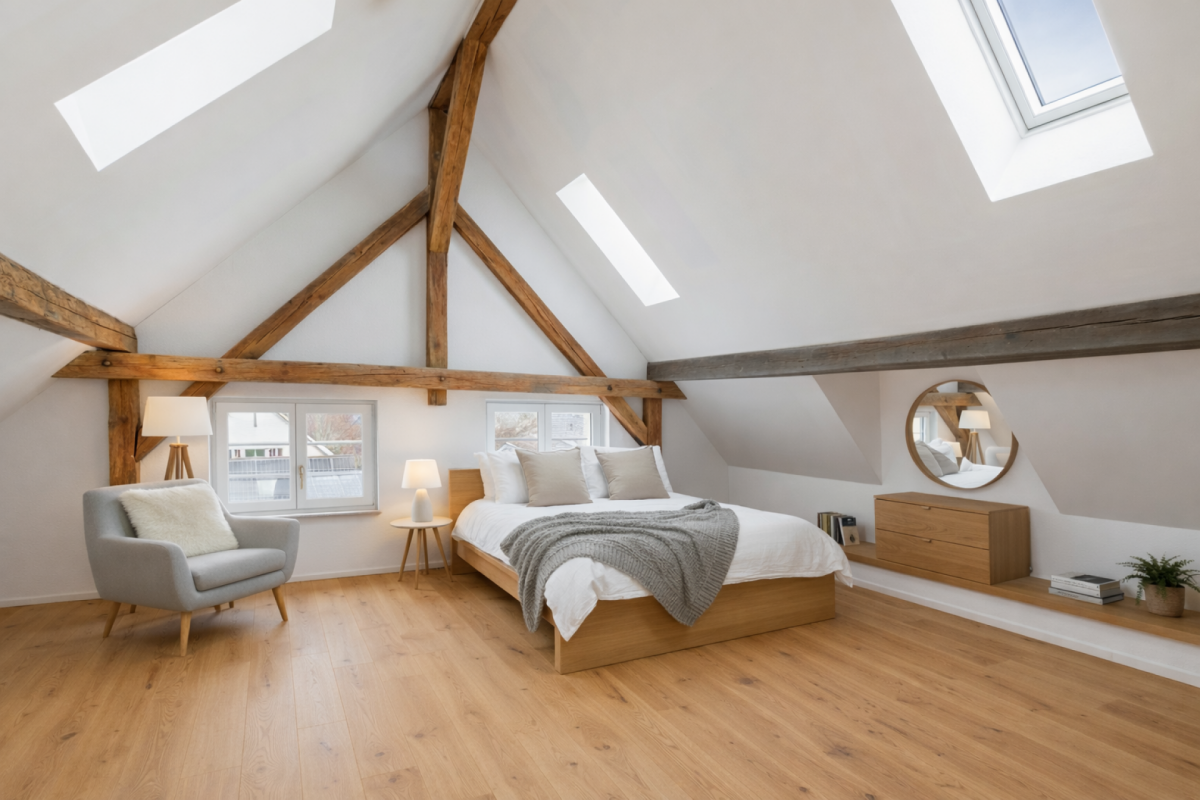 Helles Dachgeschoss-Schlafzimmer mit sichtbaren Holzbalken