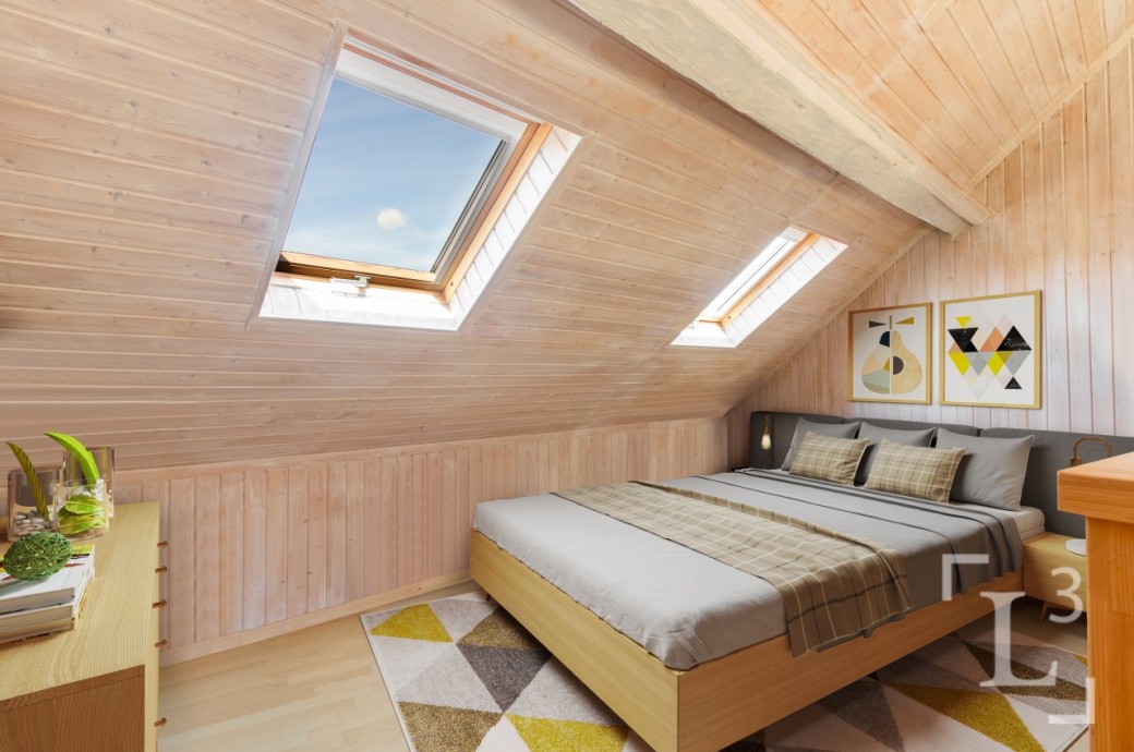 Dachgeschoss-Schlafzimmer mit Holzvertäfelung