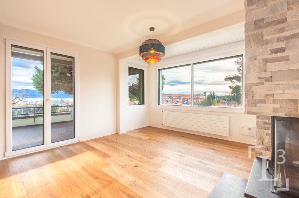 Heller Wohnraum mit Terrasse und Kamin