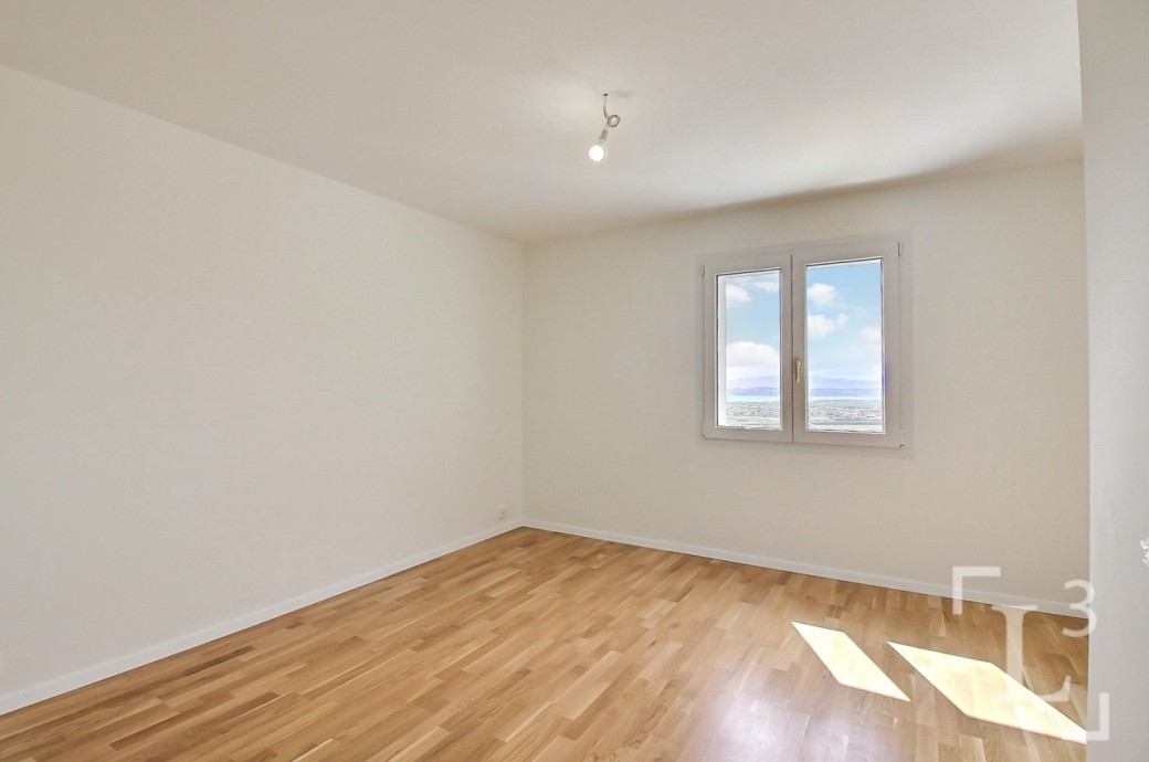 Leerer heller Raum mit Holzfußboden und Fenster