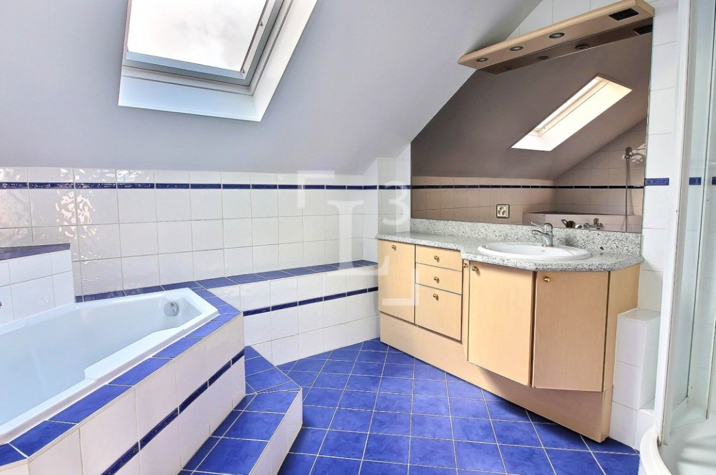 Badezimmer mit Dachfenstern und Badewanne
