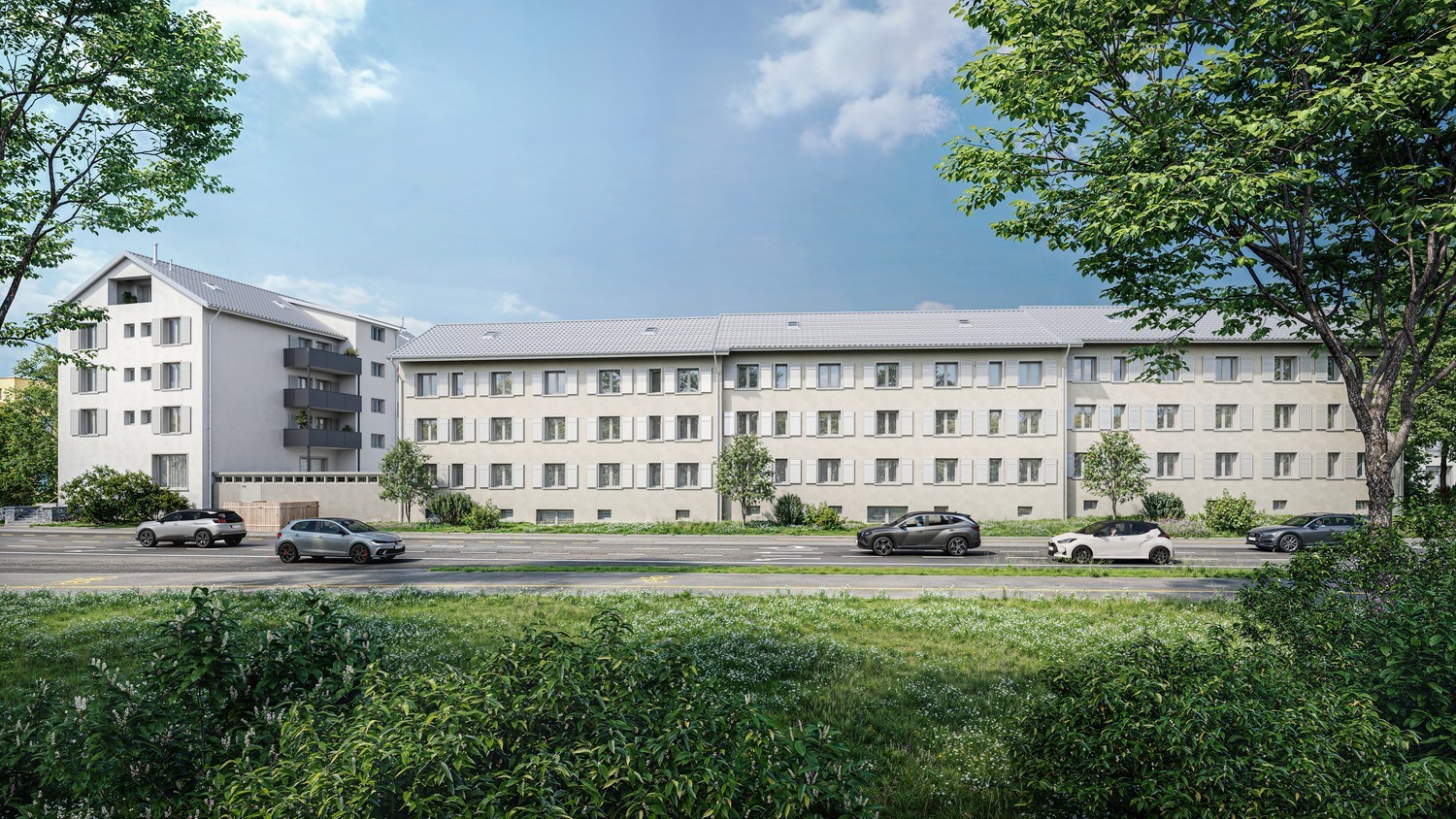 Mehrfamilienhaus an einer Straße