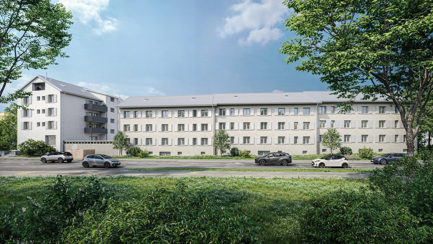 Wohnanlage mit langem Mehrfamilienhaus