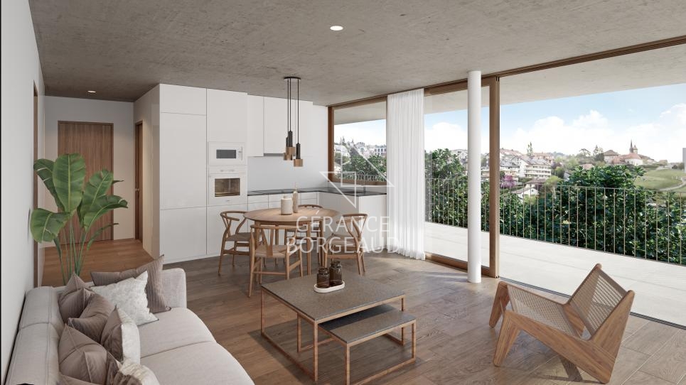 Offener Wohnbereich mit Loggia und Panoramablick