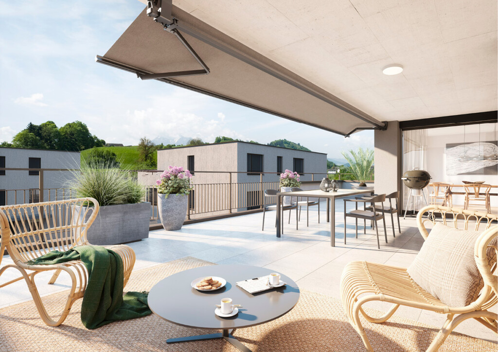 Große überdachte Dachterrasse mit Lounge- und Essbereich