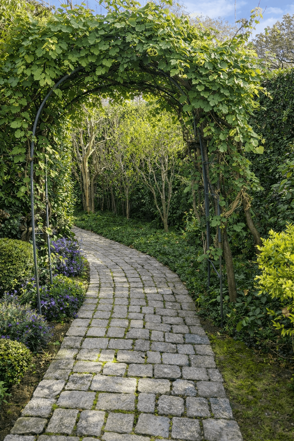 Gepflasterter Gartenweg unter grüner Pergola