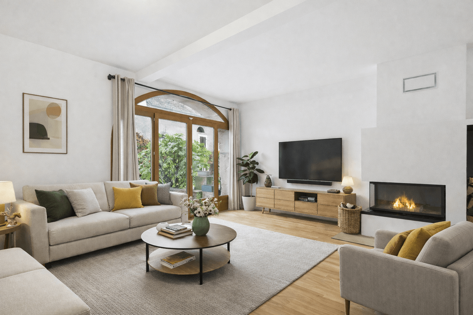 Helles Wohnzimmer mit Kamin und großer Fensterfront
