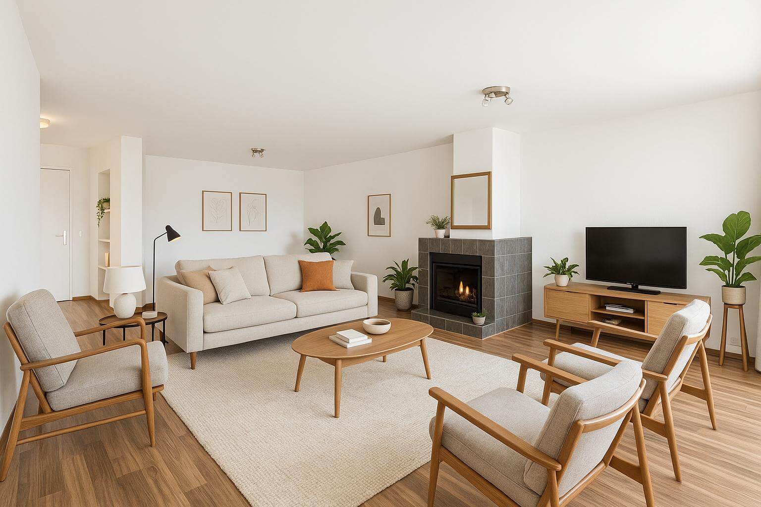 Helles, modernes Wohnzimmer mit Kamin