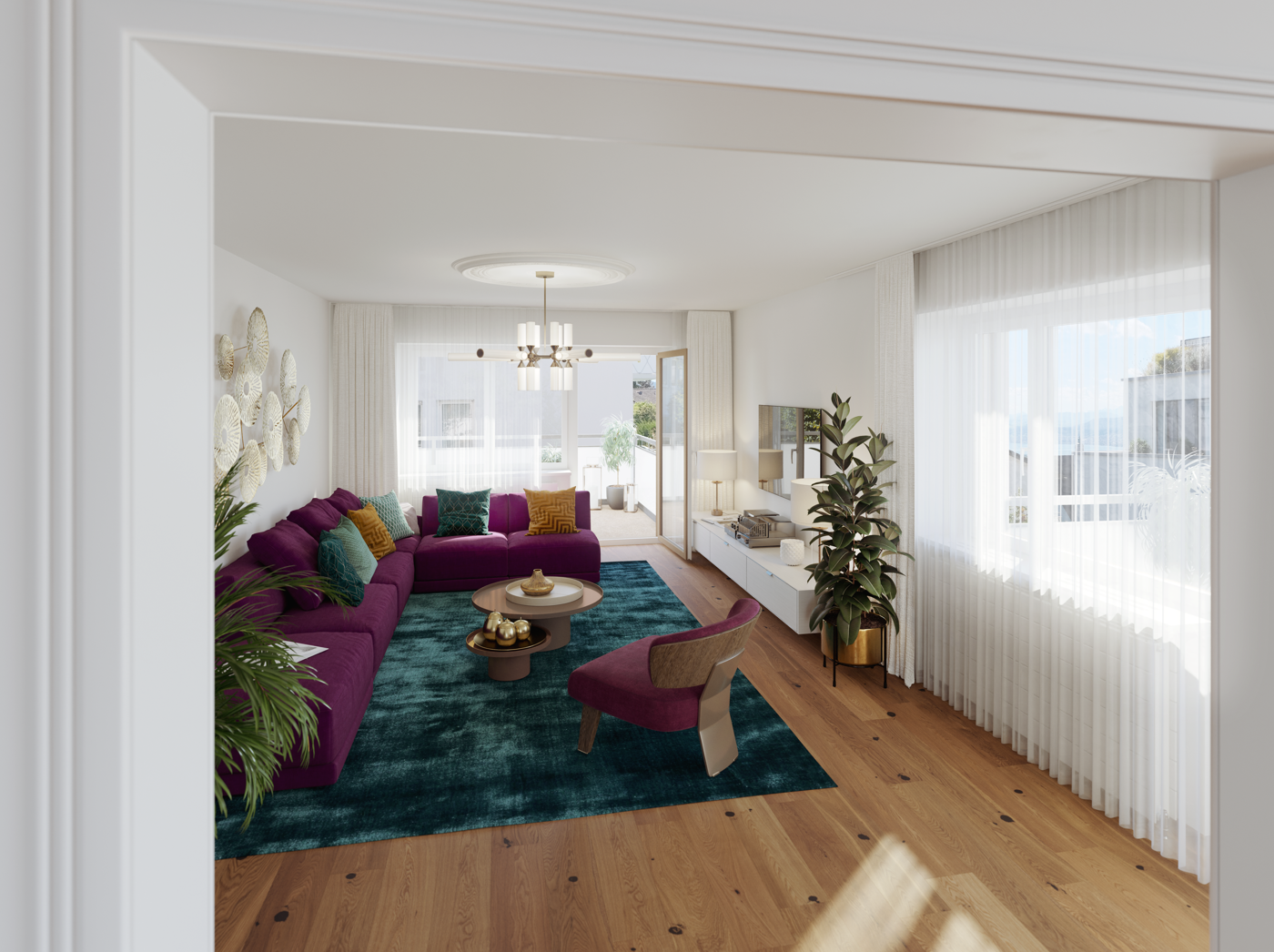 Helles Wohnzimmer mit Balkonblick