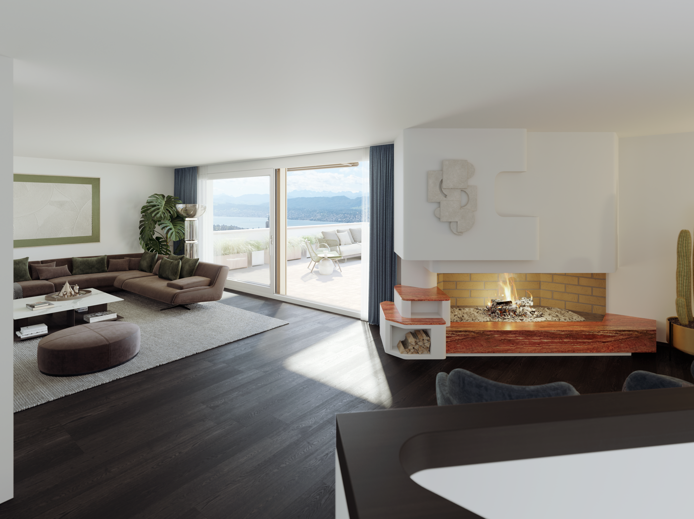 Helles Wohnzimmer mit Kamin und Panoramablick