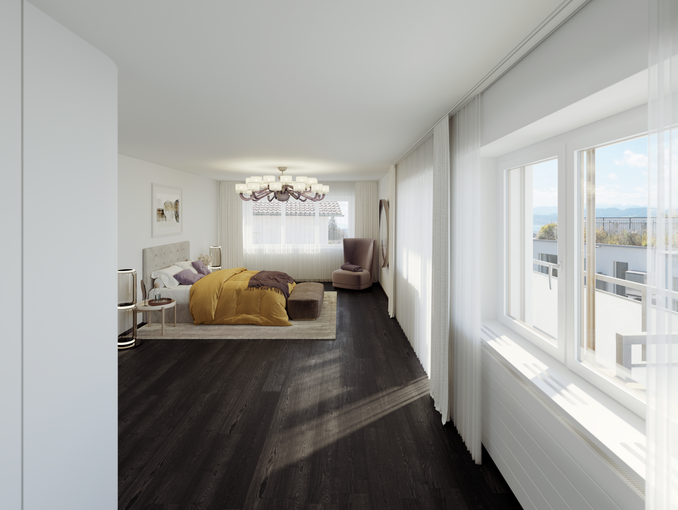 Helles Schlafzimmer mit Balkonblick