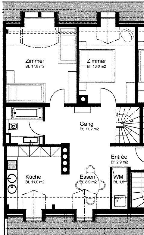 Grundriss einer Wohnung mit Zimmern, Küche und Gang