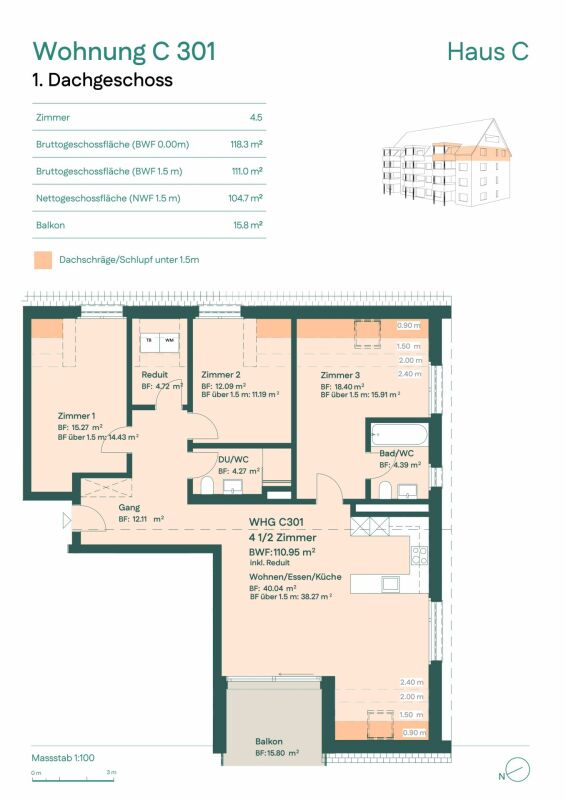 Grundriss Wohnung C 301, Dachgeschoss