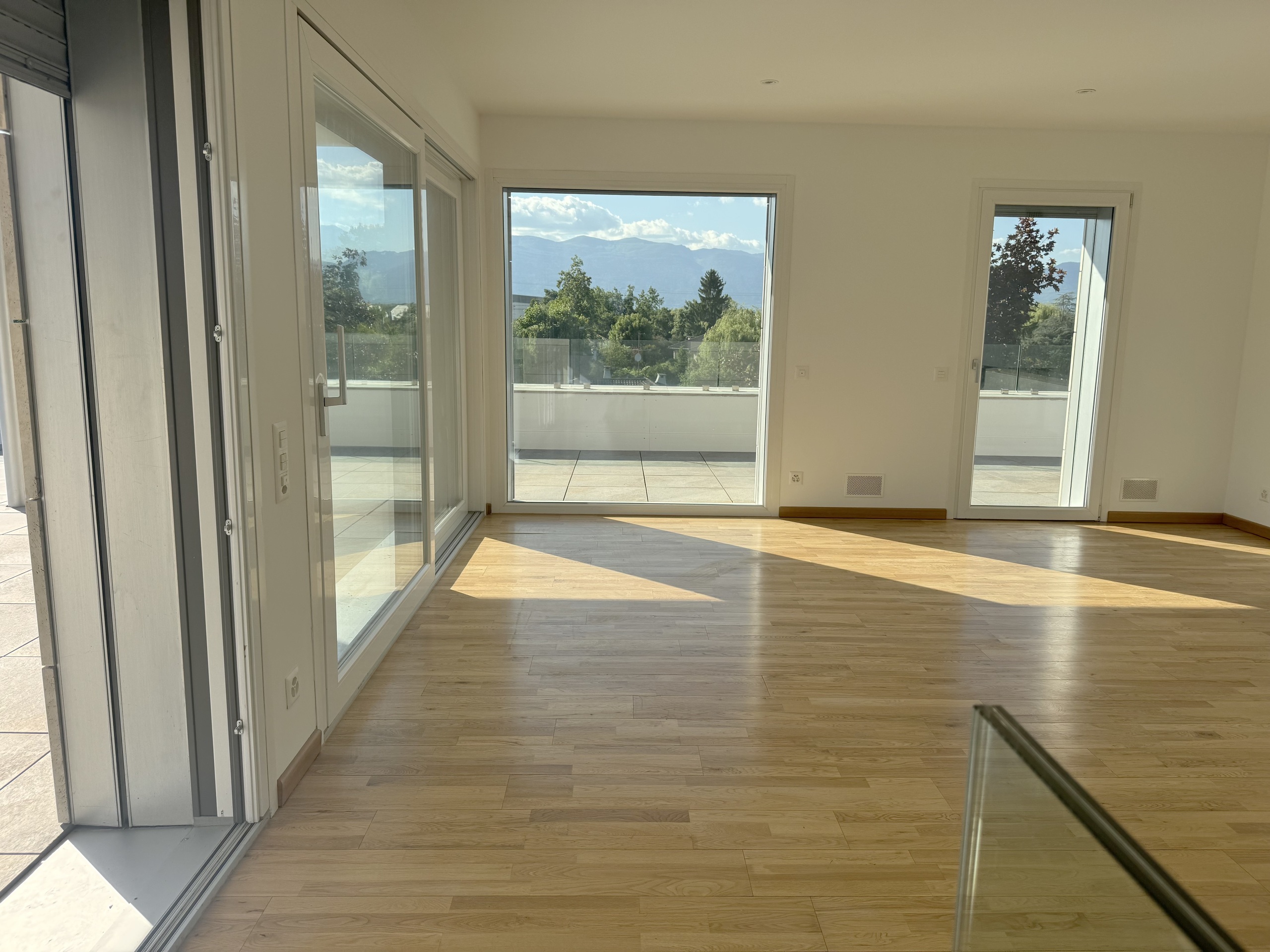Heller leerer Wohnraum mit Bergblick