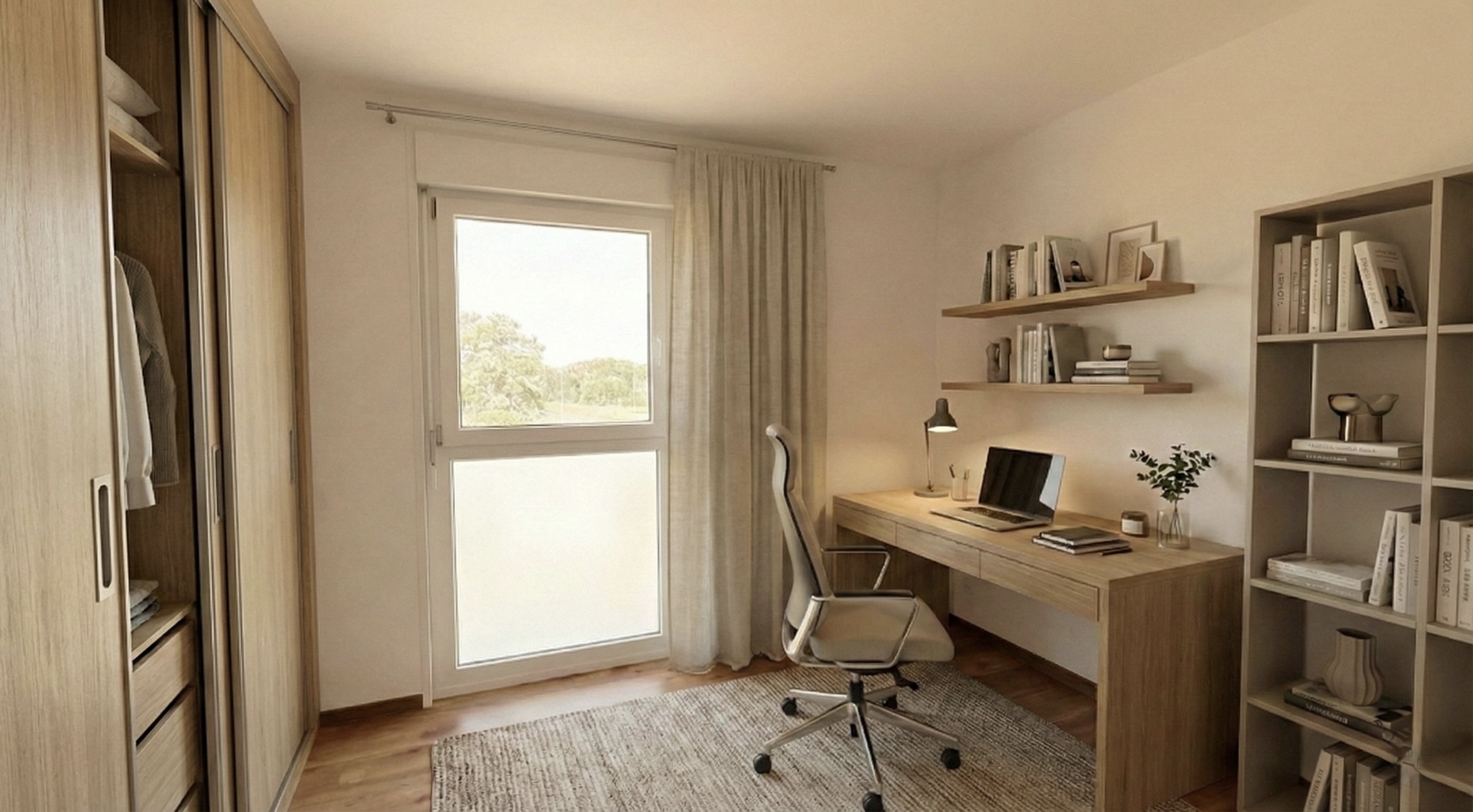 Helles Arbeitszimmer mit Holzmöbeln