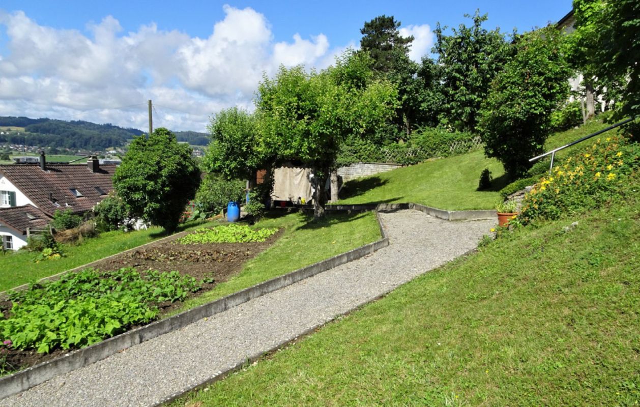 Hanggarten mit Weg und Gemüsebeeten