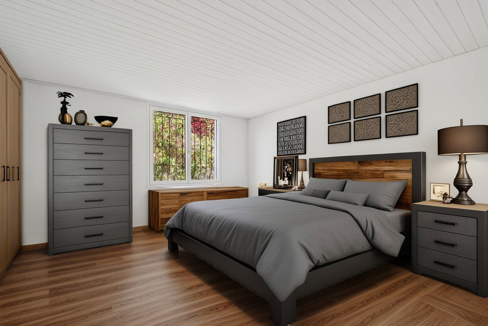 Modernes Schlafzimmer mit dunklen Möbeln